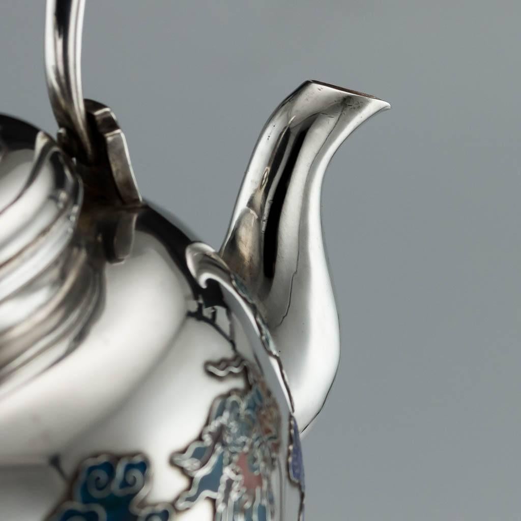Antique Rare Chinese Export Solid Silver & Enamel Teapot, circa 1880 3