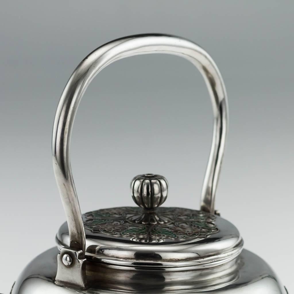 Antique Rare Chinese Export Solid Silver & Enamel Teapot, circa 1880 2