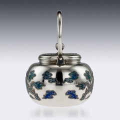 Antique Rare Chinese Export Solid Silver & Enamel Teapot, circa 1880