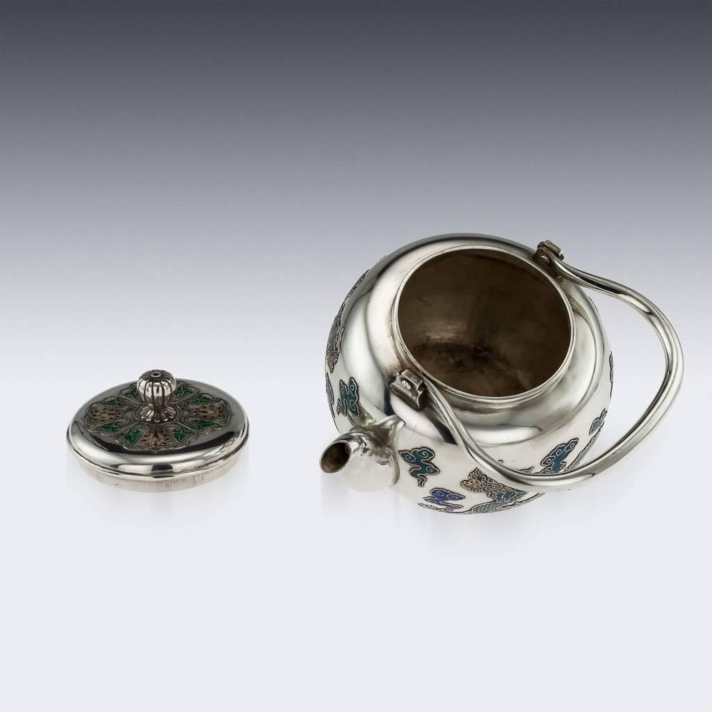 19th Century Antique Rare Chinese Export Solid Silver & Enamel Teapot, circa 1880