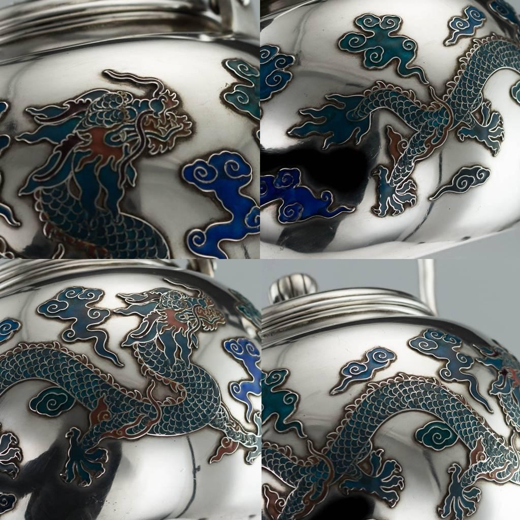 Antique Rare Chinese Export Solid Silver & Enamel Teapot, circa 1880 5