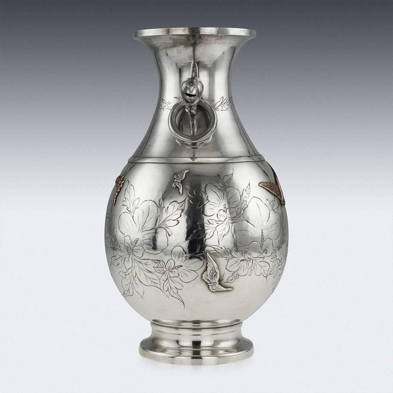19th Century Japanese Meiji Period Solid Silver and MixedMetal Vase