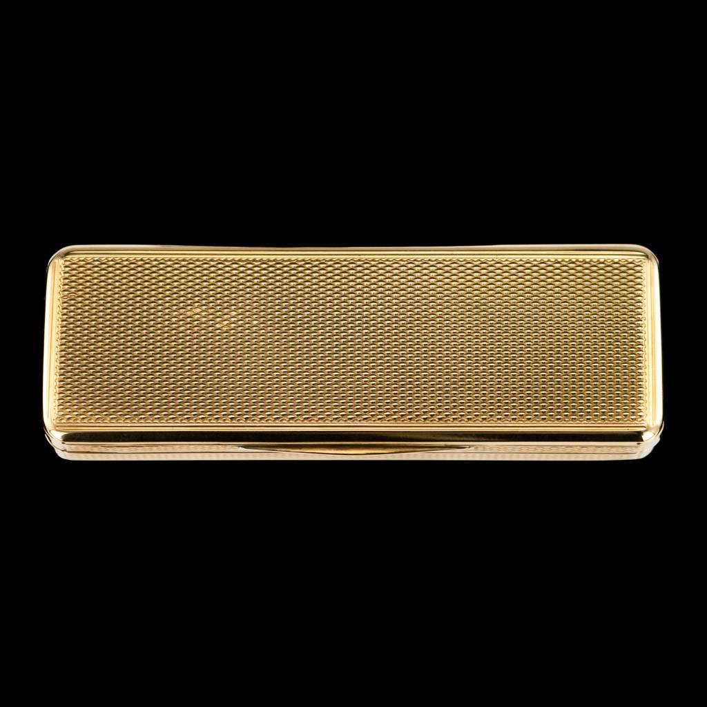 Antique 19th century Georgian 18-karat gold toothpick box, of elongated rectangular form, engine turned decoation throughout. Hallmarked English, gold 18 (750 standard), London, year 1815 (E), Maker AJS (Alexander J Strachan, specialised in gold