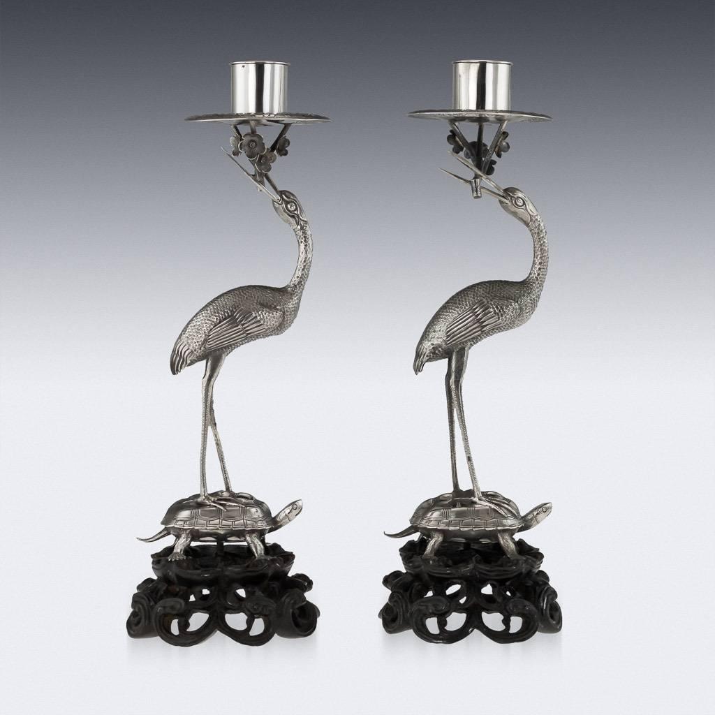 Chinese Export Chinese Tuck Chang Solid Silver Lo Shu & Crane Candlesticks, circa 1900