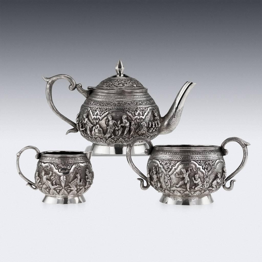 Antique Burmese Solid Silver Decorative Three-Piece Tea Set, circa 1900 In Excellent Condition In Royal Tunbridge Wells, Kent