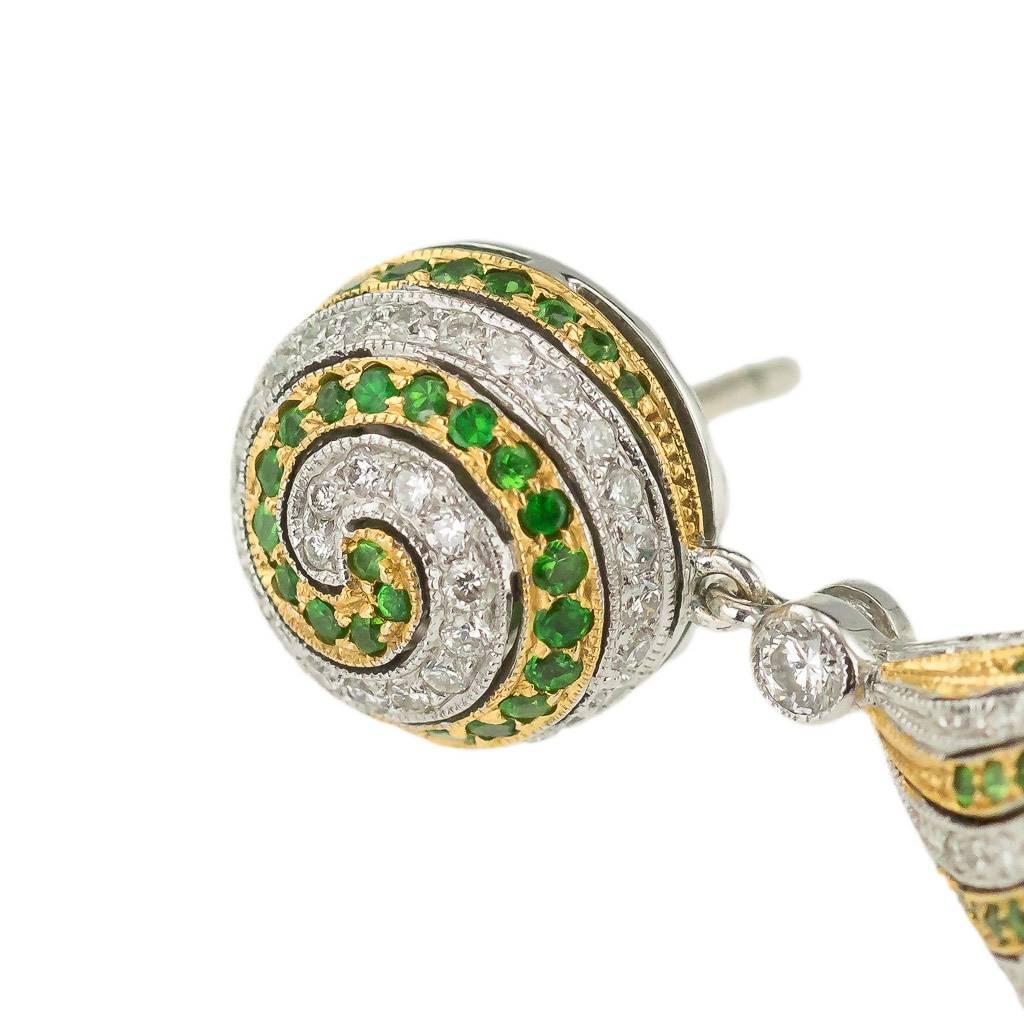 Stunning 18-Karat White and Yellow Gold, Emerald, Diamonds Drop Earrings In Excellent Condition In Royal Tunbridge Wells, Kent