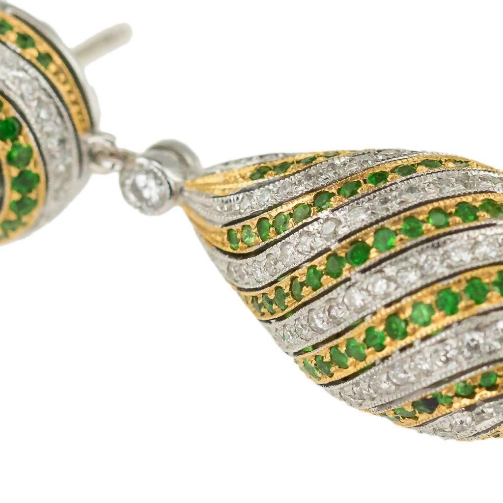 English Stunning 18-Karat White and Yellow Gold, Emerald, Diamonds Drop Earrings