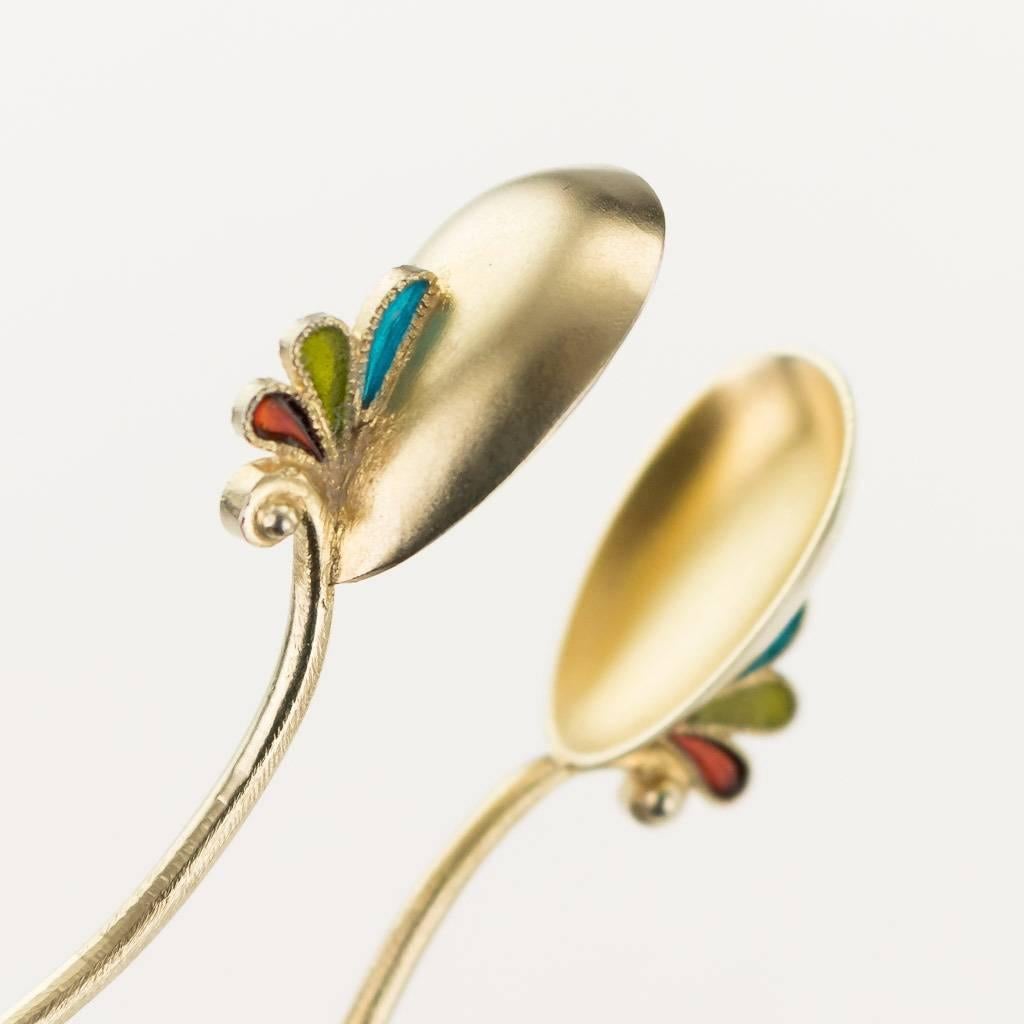 Antique Norwegian Solid Silver Plique-a-Jour Enamel Spoons and Tongs, circa 1890 1