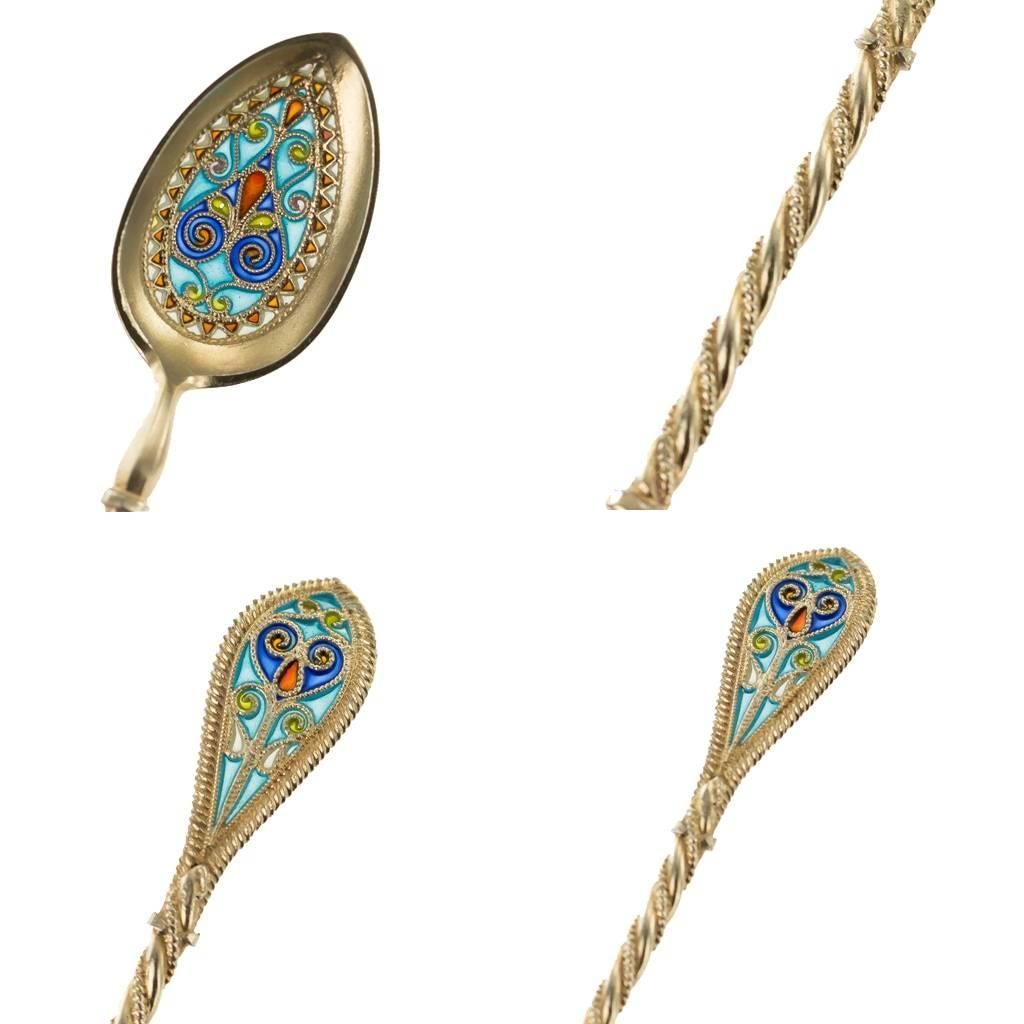 Antique Norwegian Solid Silver Plique-a-Jour Enamel Spoons and Tongs, circa 1890 3