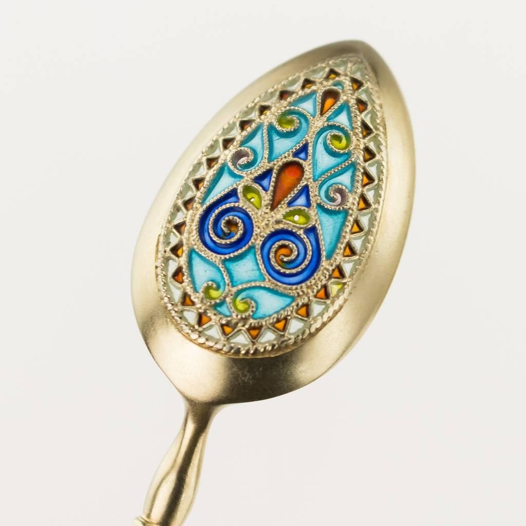 Antique Norwegian Solid Silver Plique-a-Jour Enamel Spoons and Tongs, circa 1890 2