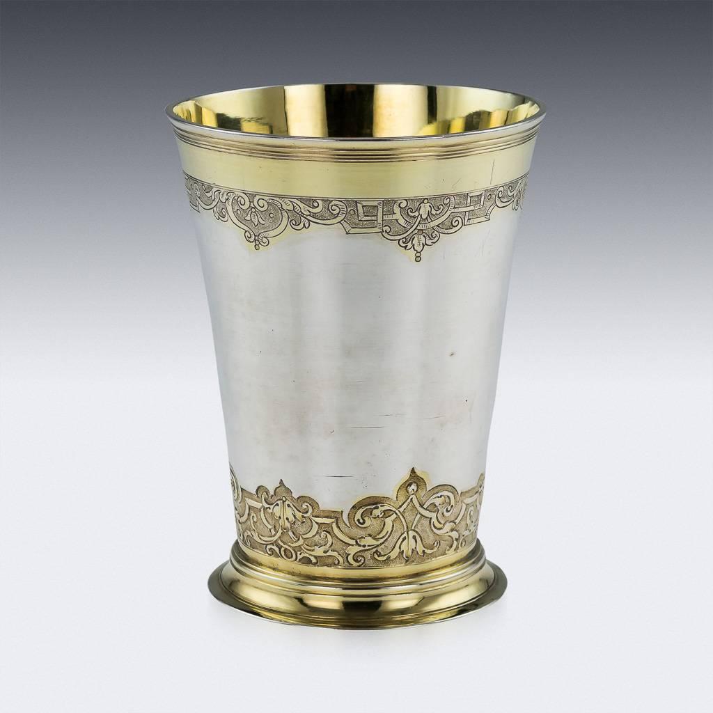 Antique early 18th century rare German solid silver beaker, tapering form, richly parcel-gilt. The base is hallmarked German silver and scrape mark, city mark for Augsburg, circa 1720s, Maker's mark P.S (Philipp Stenglin).

Condition
In great