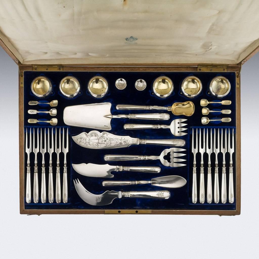 DESCRIPTION
Antique early-20th Century Imperial Russian very rare solid silver fish condiments cutlery set. Consisting of caviar pots, caviar spoons, 12 cold fish forks, crayfish thumb picks and other various fish serving implements. All Hallmarked