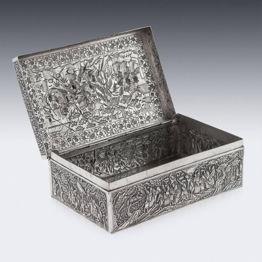 Antique 19th century rare Chinese solid silver large box, of rectangular form, decorated in repousse' high relief, on very finely tooled matted ground, depicting various figures in a landscape, including fighting warriors, dignitaries, attendants