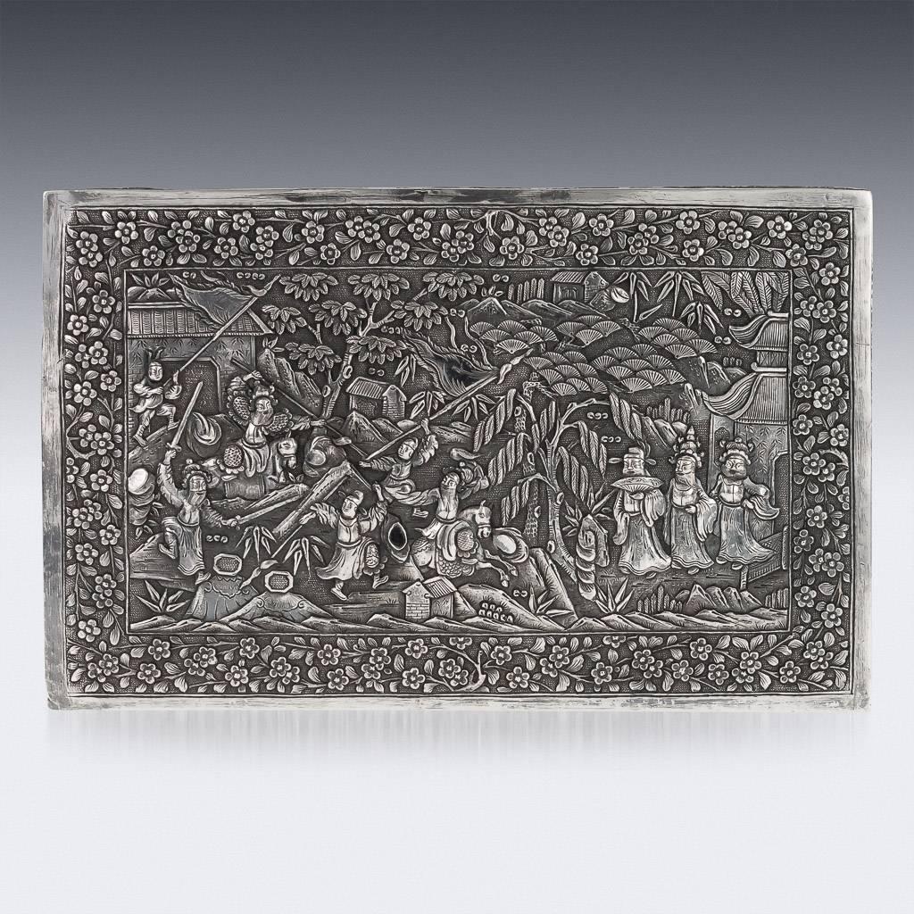 Antique Chinese Solid Silver Battle Scene Box, Gan Qing He, circa 1860 In Excellent Condition In Royal Tunbridge Wells, Kent