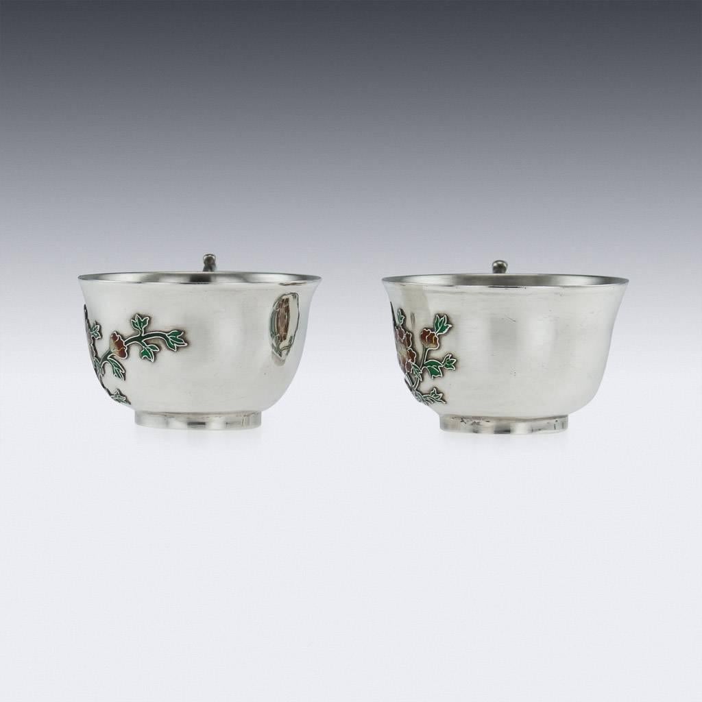 Antique Rare Chinese Export Solid Silver and Enamel Tea Cups, circa 1880 In Excellent Condition In Royal Tunbridge Wells, Kent
