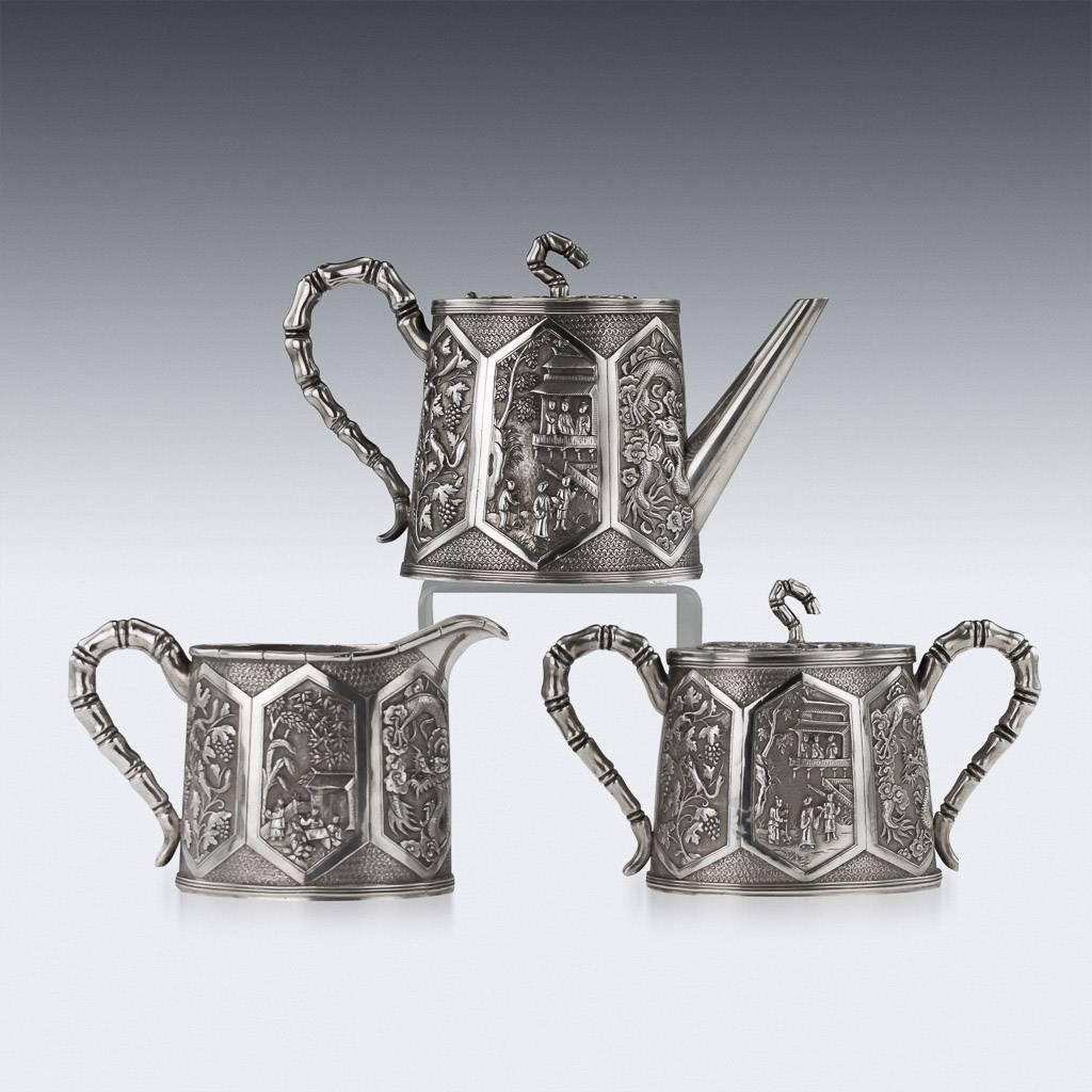 Chinese Export Antique Chinese Solid Silver Three-Piece Tea Set, Bao Cheng, Tianjin, circa 1900
