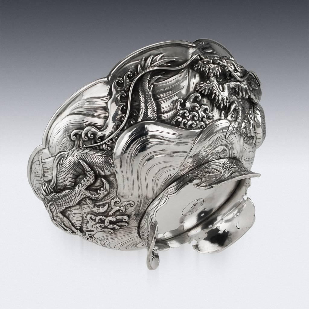 Antique 19th Century Japanese Meiji Period Solid Silver Dragon Bowl, circa 1890 1