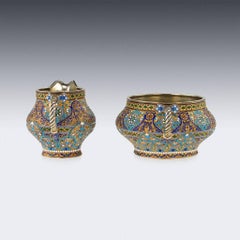 Antique Imperial Russian Kuzmichev Solid Silver, Enamel Bowl and Jug, circa 1900