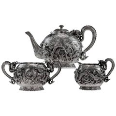 Antique Chinese Export Tu Mao Xing Solid Silver Dragon Tea Set, circa 1890