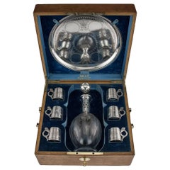 Antique Russian Eight-Piece Solid Silver and Glass Vodka Set, circa 1880