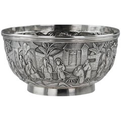 Antique 19th Century Chinese Export Solid Silver Bowl, Wang Hing, circa 1880