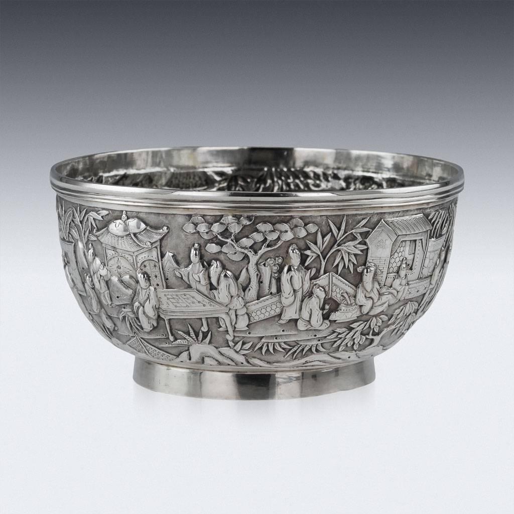 Description
Antique 19th century Chinese export solid silver bowl, exceptionally fine quality, traditional form, fully chased and embossed with a dense scene of receptions before nobility, the top rim applied with a reeded band, standing on a plain