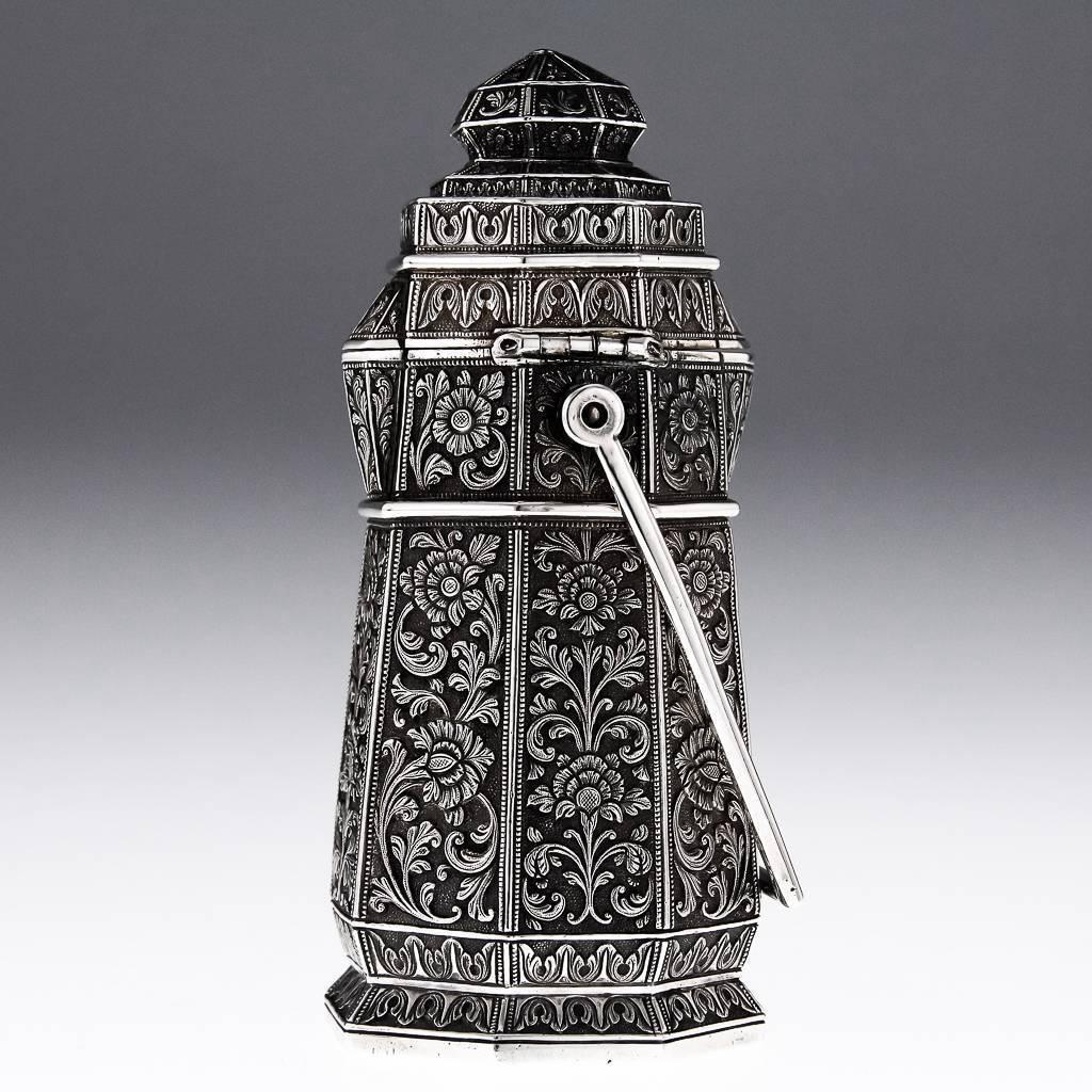 Antique 19th century rare Indian Kutch (Cutch) solid silver box or tea caddy, of octagonal form, impressively heavy gauge and exceptionally fine workmanship, distinguished by a very closely worked, foliate and floral repoussé design on a matted