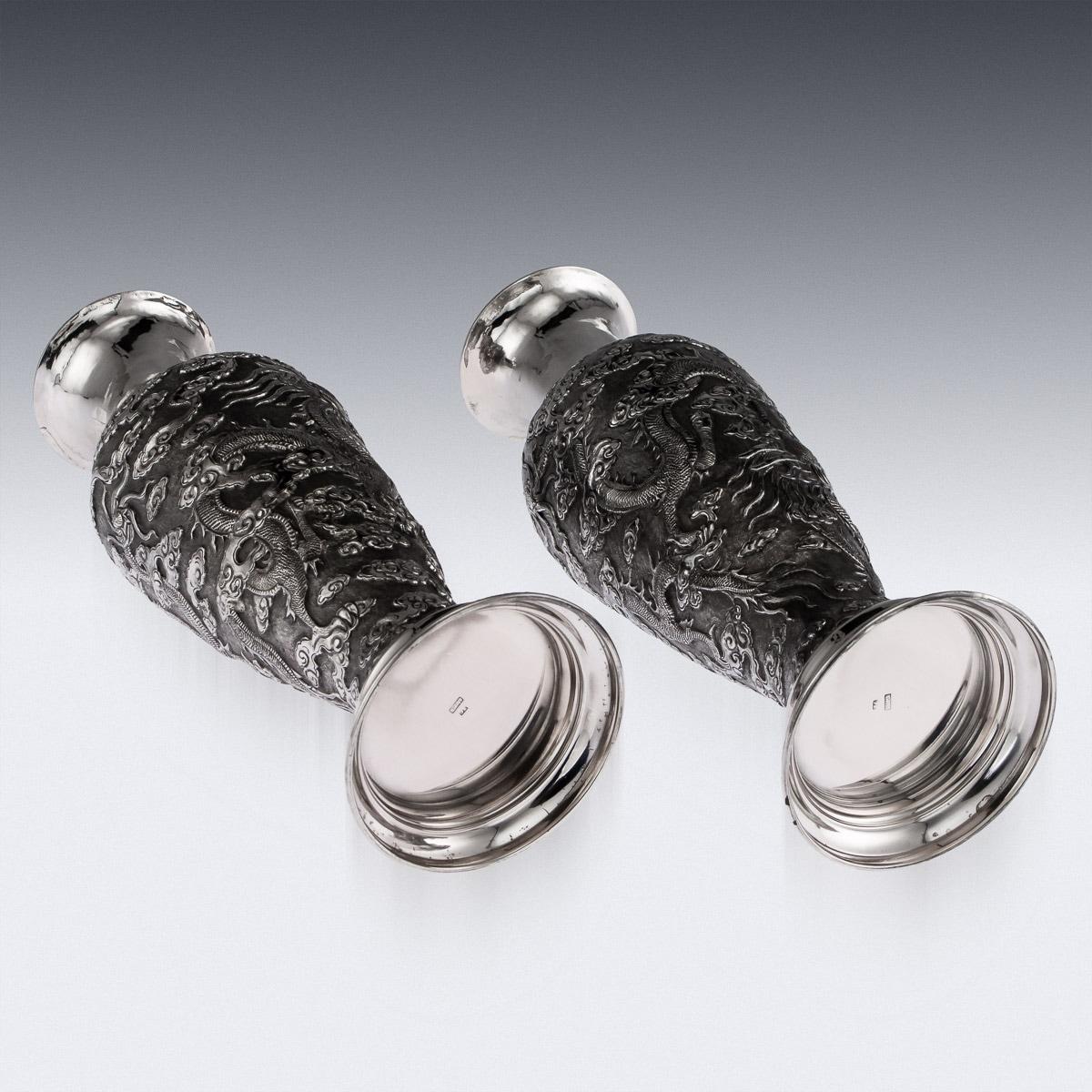Antique Chinese Export Solid Silver Pair of Vases, Tuck Chang, circa 1880 In Good Condition In Royal Tunbridge Wells, Kent