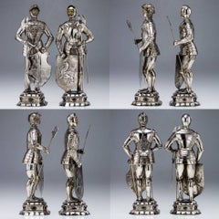 Antique 20th Century, German Solid Silver Pair of Massive Knight Figures