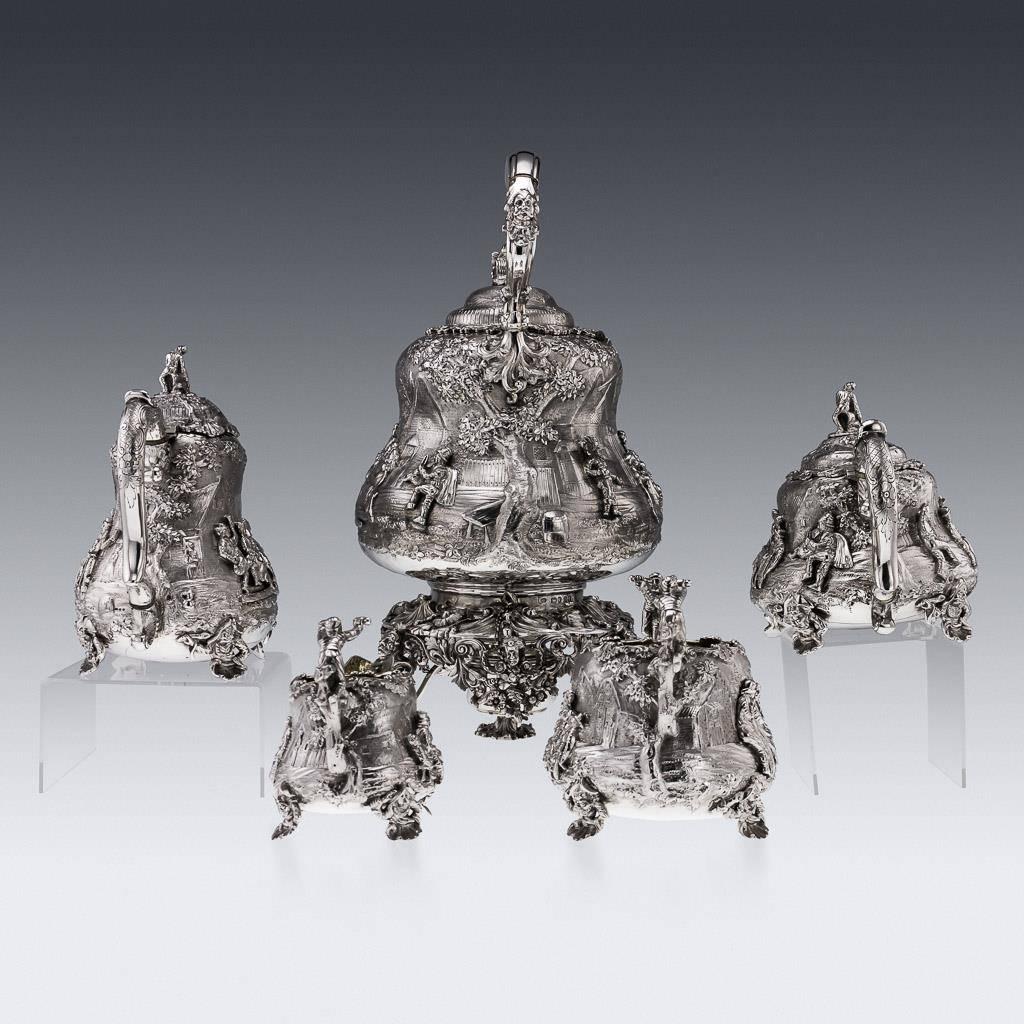 DESCRIPTION

Antique 19th Century Victorian solid silver magnificent and impressive five piece tea and coffee set, comprising of tea kettle on stand, coffee pot, teapot, sugar bowl and milk jug, each very heavy and impressive, each pear-form body