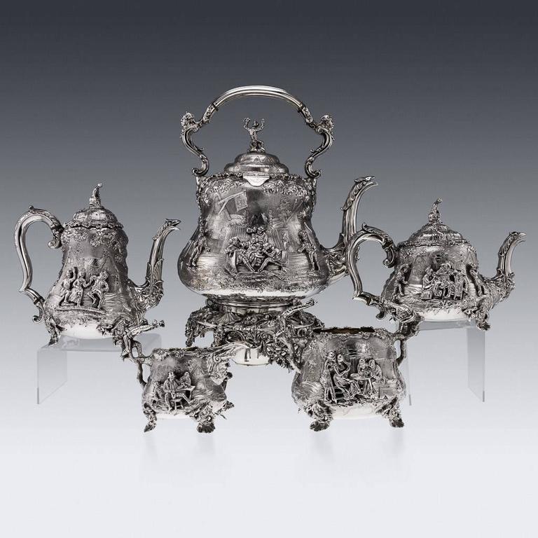 Victorian Solid Silver FivePiece Teniers Tea and Coffee Set, John Figg
