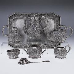 Antique Chinese Export Tu Mao Xing Solid Silver Seven-Piece Tea Set on Tray