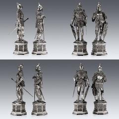 Antique German Solid Silver Pair of Massive Knight Figures, Hanau, circa 1900