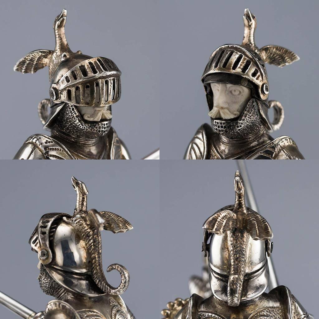 Early 20th Century Antique German Solid Silver Pair of Huge Knight Horseman Figures, circa 1920