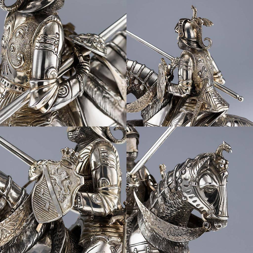 Sterling Silver Antique German Solid Silver Pair of Huge Knight Horseman Figures, circa 1920