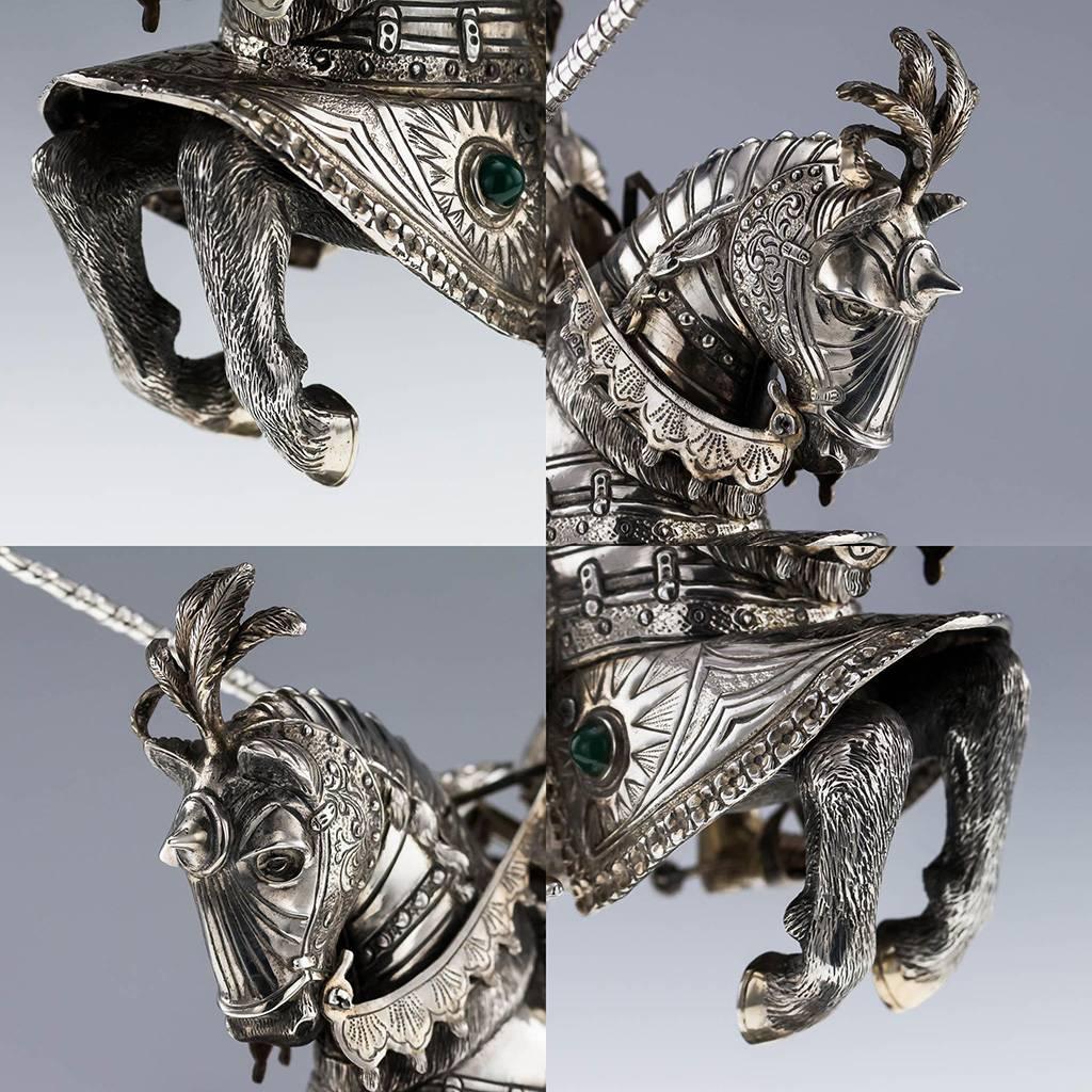 Antique German Solid Silver Pair of Huge Knight Horseman Figures, circa 1920 2