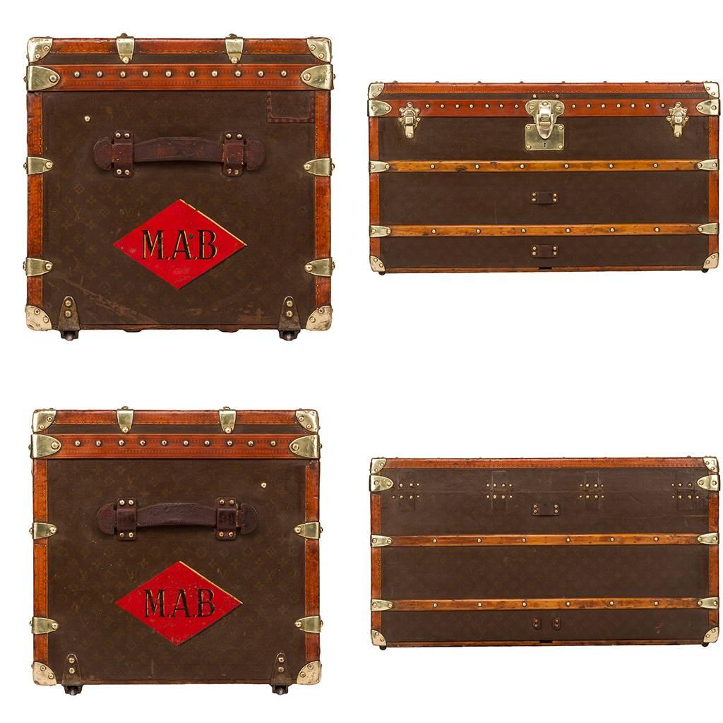 Antique 20th Century genuine and very rare Louis Vuitton haute courier / steamer trunk, large size, Louis Vuitton monogram canvas, brass bound, reinforced with wooden laths, leather handles to either end, interior lined with vuittonette canvas and