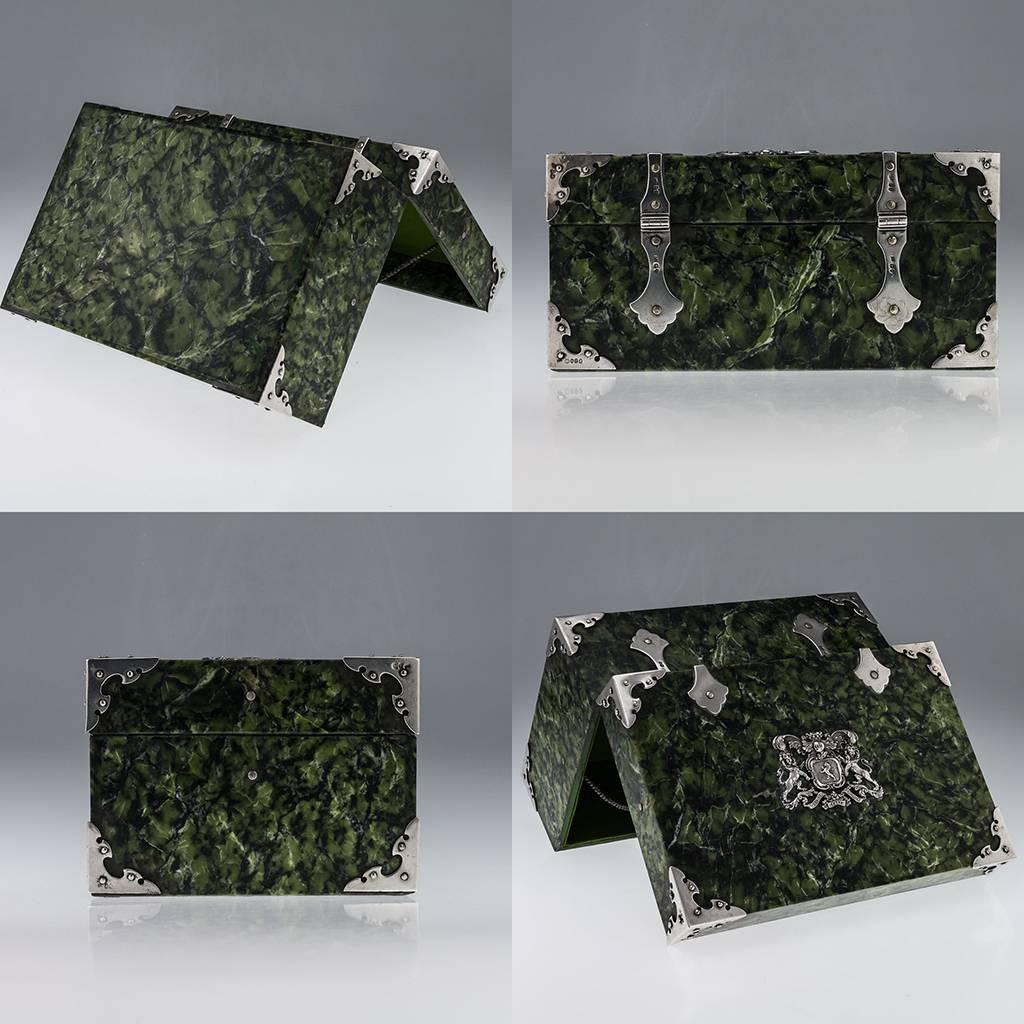 Antique 19th Century exceptionally rare William IV solid silver mounted large green marble casket, of rectangular form, mottled green marble panels mounted with solid silver corner mounts and hinges in the Neo-Gothic style, the top is further