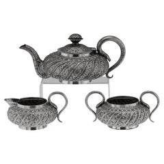 Antique 19th Century Indian Kutch Solid Silver Three Piece Tea Set c.1890