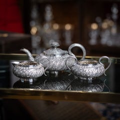 Antique 19th Century Indian Kutch Solid Silver Three Piece Tea Set c.1890