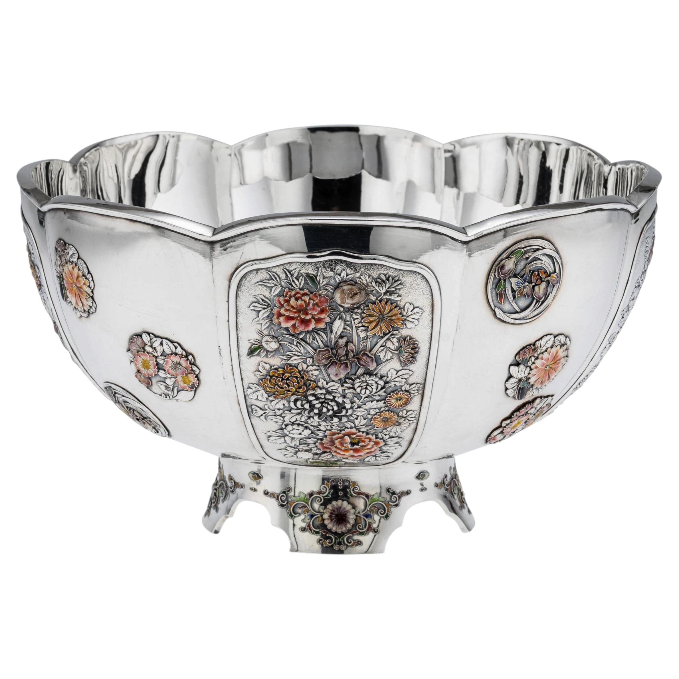 Antique 20thC Japanese Meiji Period Solid Silver & Enamel Bowl c.1900 For Sale