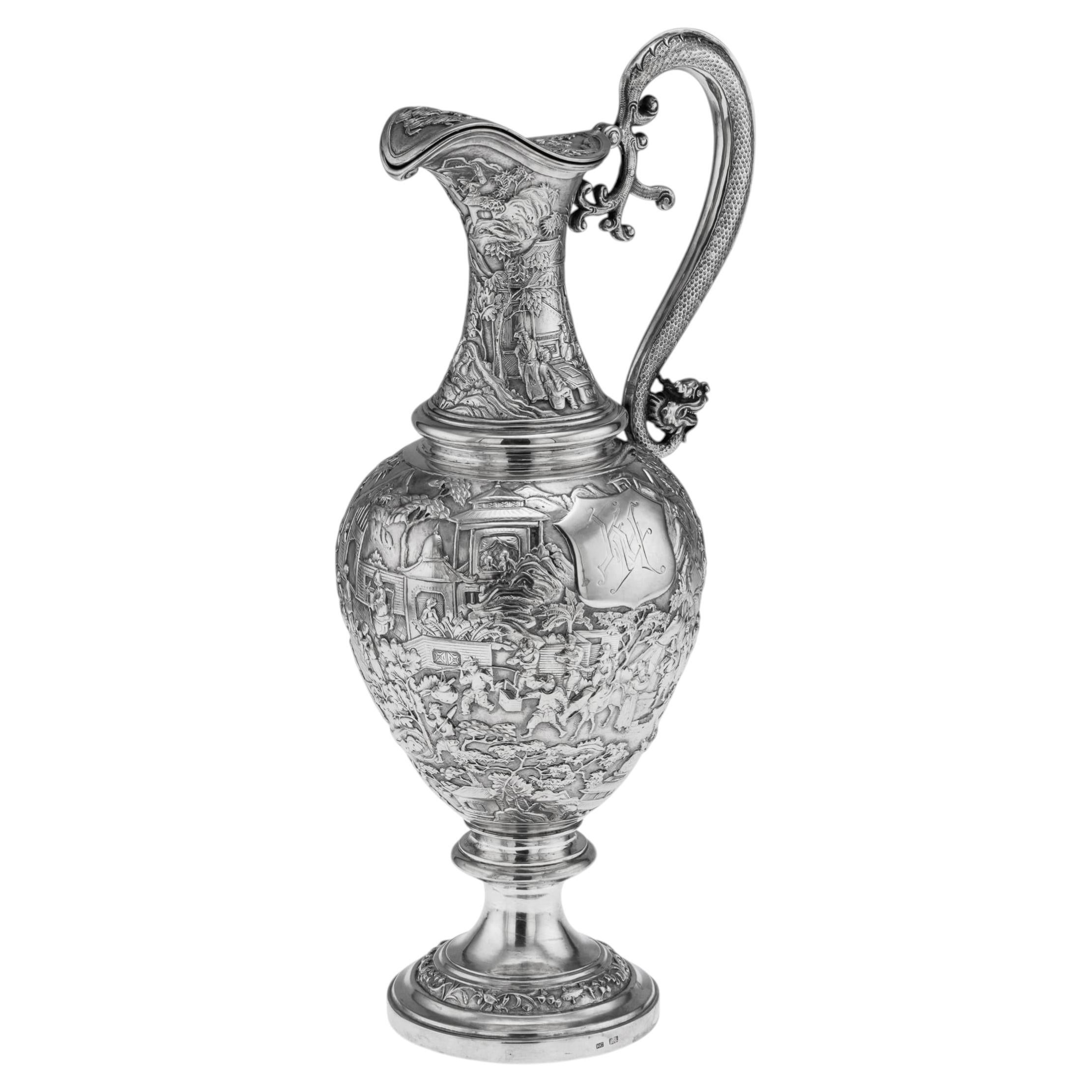 Antica brocca da vino in argento massiccio per l'esportazione cinese del XIX secolo, Hung Chong & Co, 1890 circa in vendita