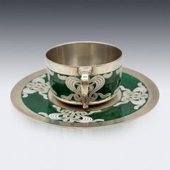Antique 20thC Norwegian Solid Silver & Guilloché Enamel Cup & Saucer c.1900