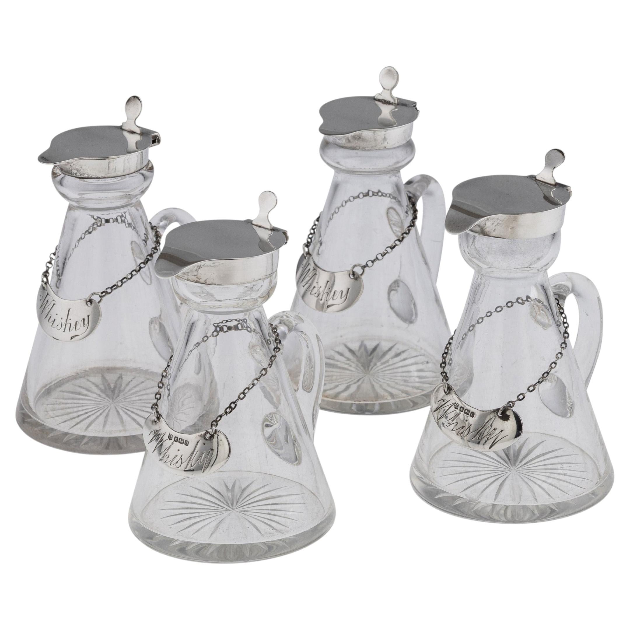Antique 20thC English Solid Silver & Cut Glass Set Of 4 Whisky Decanters c.1924 For Sale