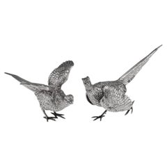 Vintage English Solid Silver Pheasant Sculptures by C J Vander, 1972