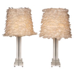 Vintage 20th Century Pair Of Lucite & Feather Table Lamps c.1980