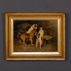 Antique 20th Century English Oil On Canvas Painting Of Terrier Dogs C.1917