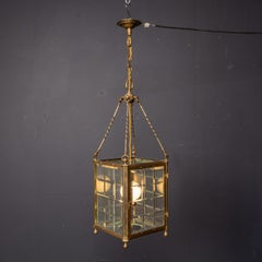 Antique 20th Century English Brass & Cut Glass Hanging Hall Lantern c.1920