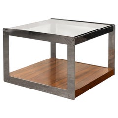 Vintage 20thC English Chrome, Glass & Wood End Table By Merrow Associates c.1960