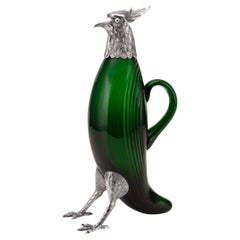 Vintage 20th Century Spanish Solid Silver & Green Glass Parrot Claret Jug c.1950